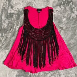 Seductions Hot Pink Fringe Tank Top Crochet Scoop Neck Size Small Boho